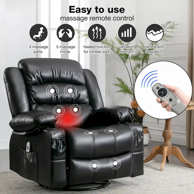 PU Swivel Rocker Massage Recliner Chair with USB Charge Port, 2 Cup Holders and Side Pocket