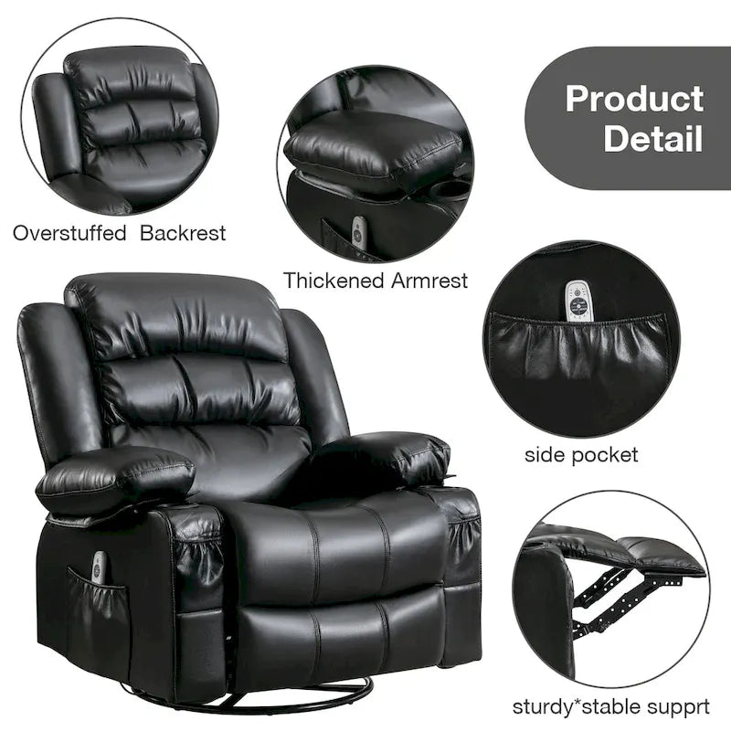 PU Swivel Rocker Massage Recliner Chair with USB Charge Port, 2 Cup Holders and Side Pocket