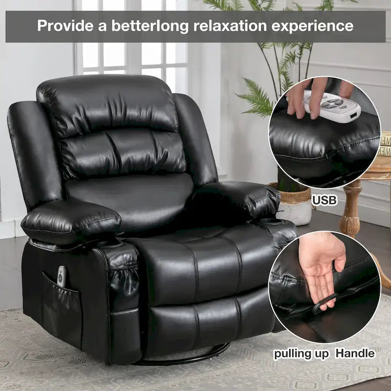 PU Swivel Rocker Massage Recliner Chair with USB Charge Port, 2 Cup Holders and Side Pocket