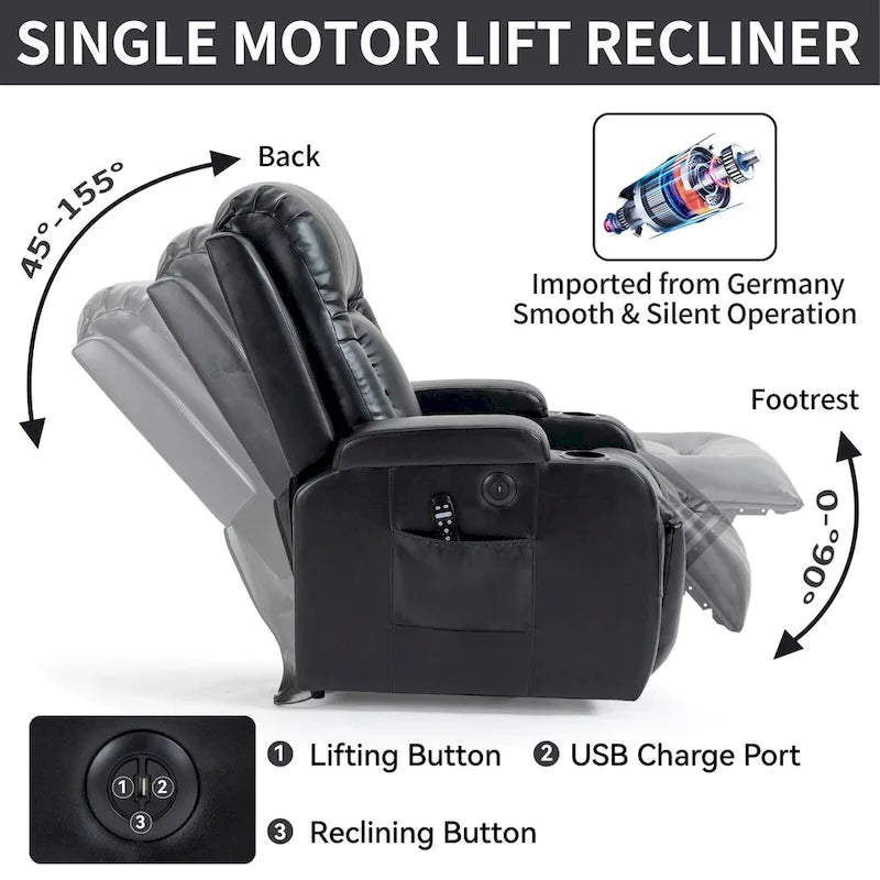 Black PU Leather Power Lift Recliner, 8-Point Massage, Heated, USB