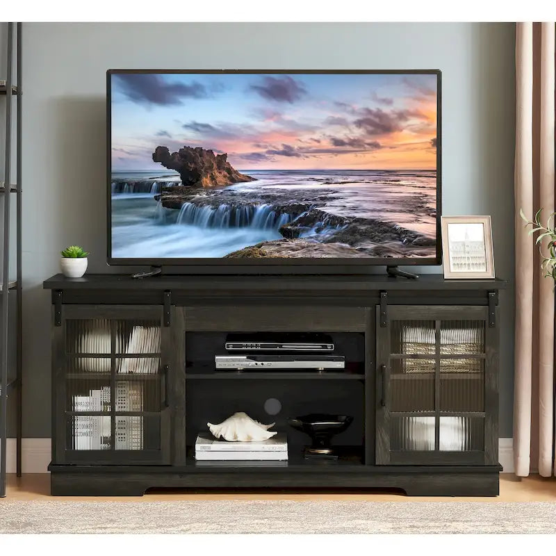 Multipurpose Sliding Door TV Stand Large Storage Cabinet with 2 Sliding Fluted Glass Tempered Doors, TV Up to 65