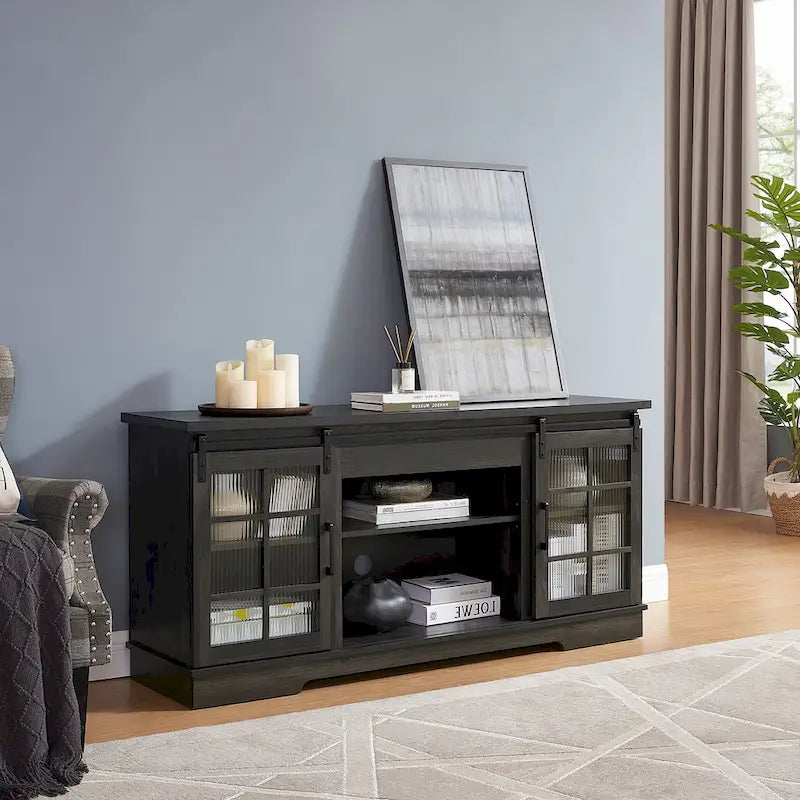Multipurpose Sliding Door TV Stand Large Storage Cabinet with 2 Sliding Fluted Glass Tempered Doors, TV Up to 65