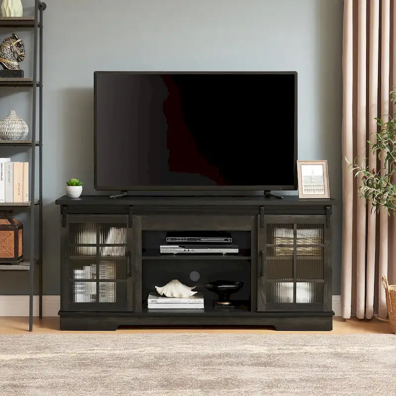 Multipurpose Sliding Door TV Stand Large Storage Cabinet with 2 Sliding Fluted Glass Tempered Doors, TV Up to 65
