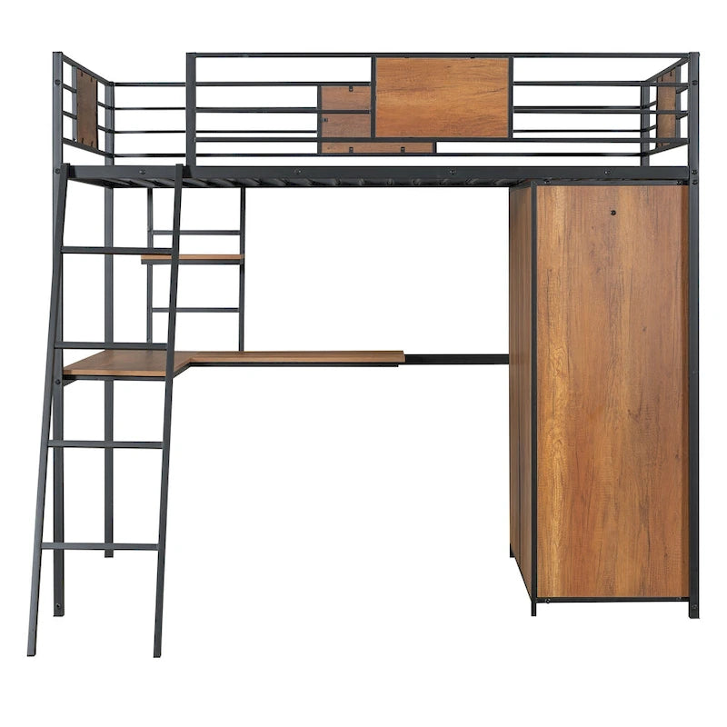 Twin Size Loft bed with L-shape Desk and Wardrobe