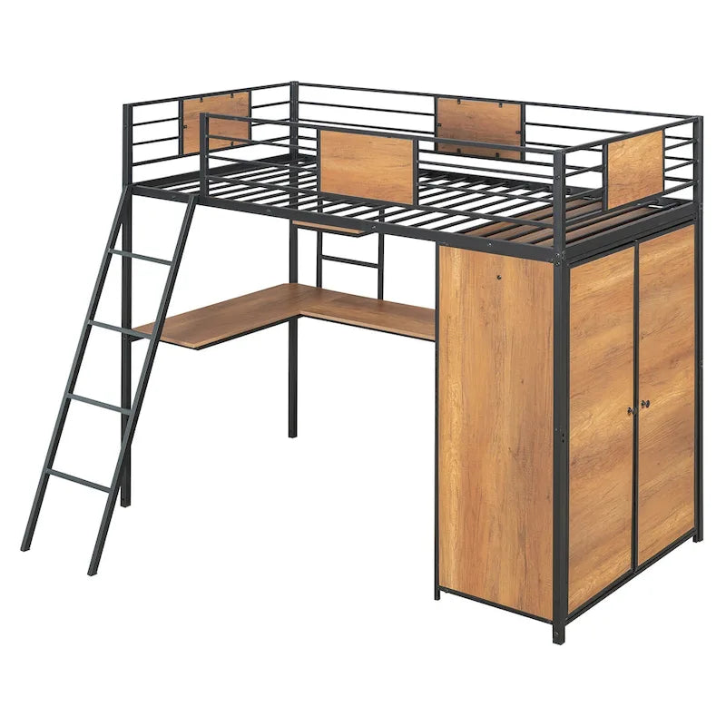 Twin Size Loft bed with L-shape Desk and Wardrobe