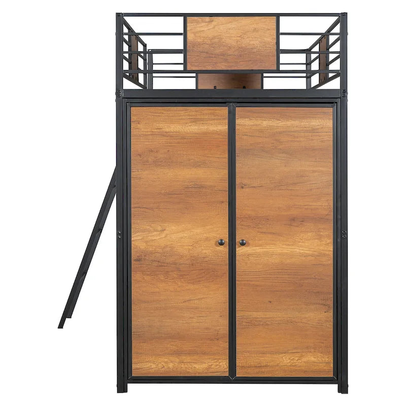 Twin Size Loft bed with L-shape Desk and Wardrobe