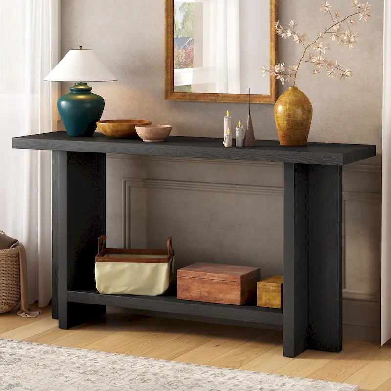 Vintage-Inspired Console Table, Ash Wood Veneer with T-Leg Design for Study, Entryway, Hallway, Living Room