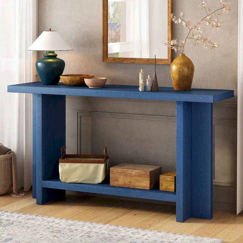 Vintage-Inspired Console Table, Ash Wood Veneer with T-Leg Design for Study, Entryway, Hallway, Living Room