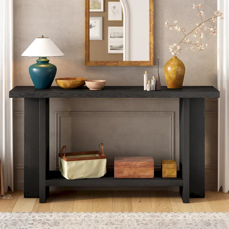 Vintage-Inspired Console Table, Ash Wood Veneer with T-Leg Design for Study, Entryway, Hallway, Living Room
