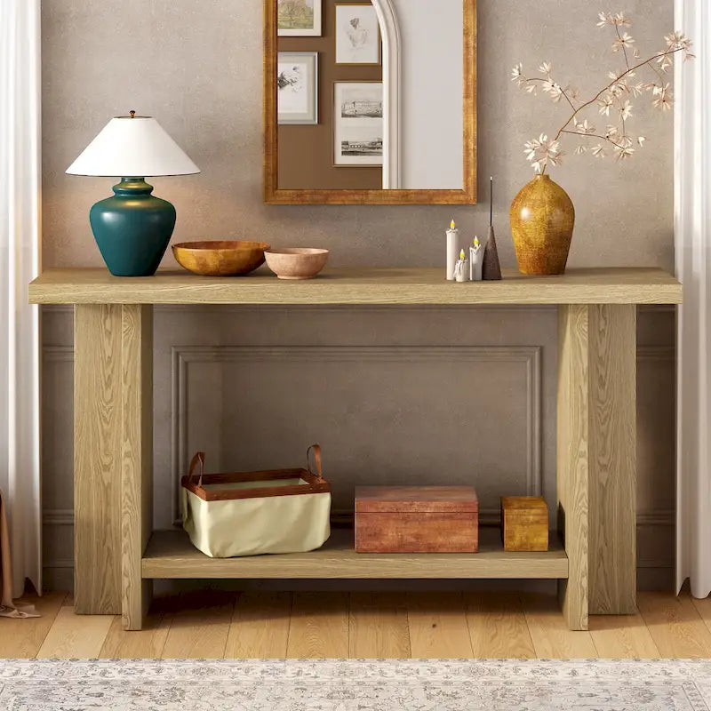 Vintage-Inspired Console Table, Ash Wood Veneer with T-Leg Design for Study, Entryway, Hallway, Living Room
