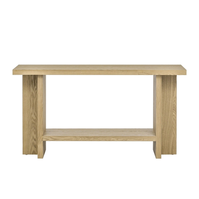 Vintage-Inspired Console Table, Ash Wood Veneer with T-Leg Design for Study, Entryway, Hallway, Living Room