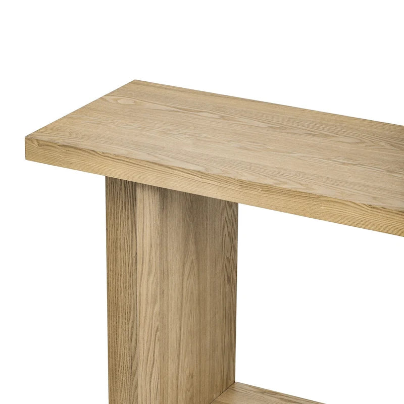 Vintage-Inspired Console Table, Ash Wood Veneer with T-Leg Design for Study, Entryway, Hallway, Living Room