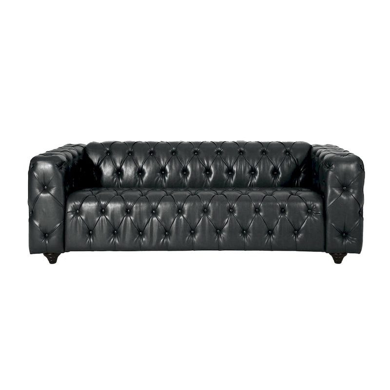 Sofa, Chesterfield Tufted Black Faux Leather Upholstery, Wood, 84 Inch