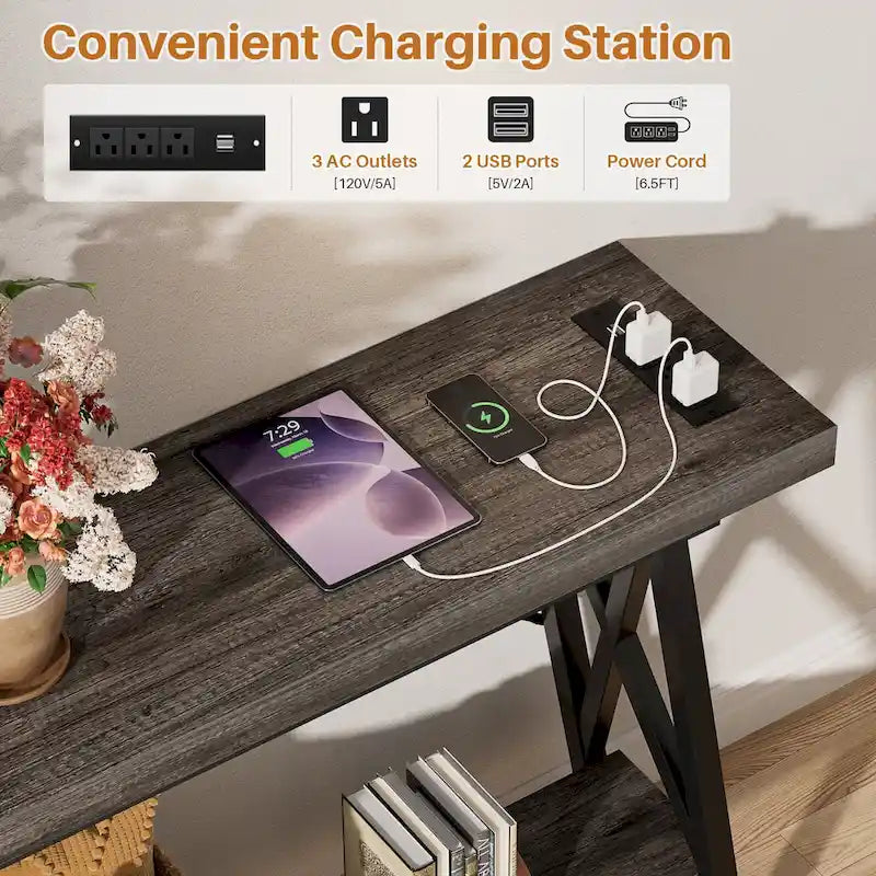 70.9 Extra Long Console Table Sofa Table with Charging Station and Storage Shelf,Industrial Hallway Entry Table