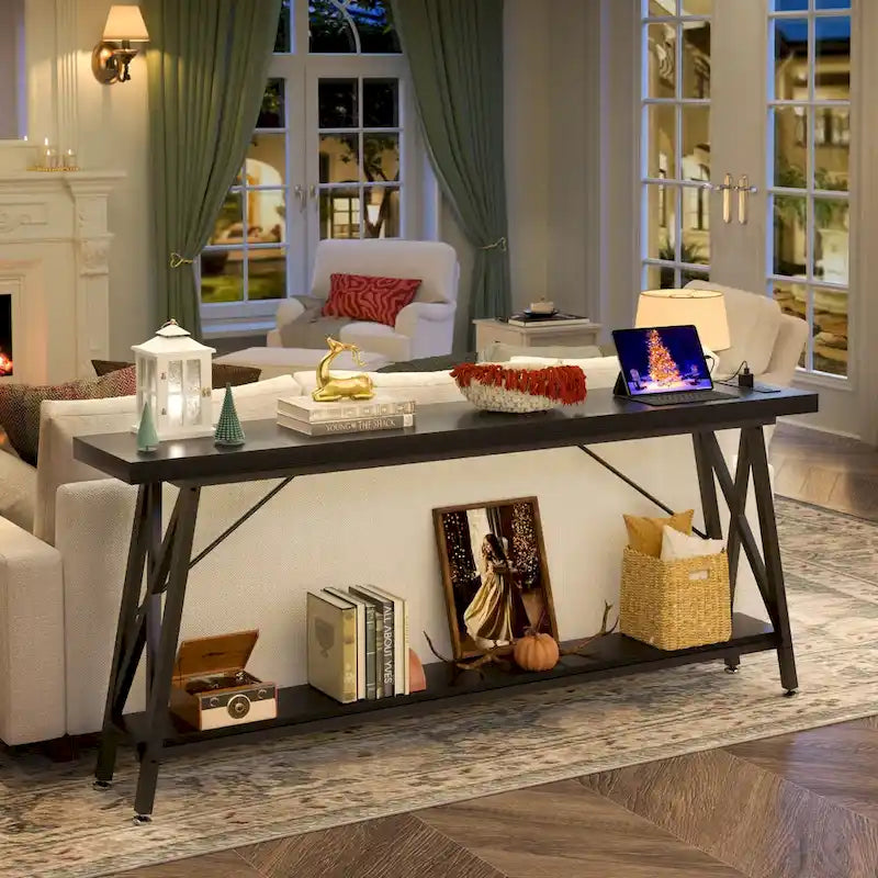 70.9 Extra Long Console Table Sofa Table with Charging Station and Storage Shelf,Industrial Hallway Entry Table