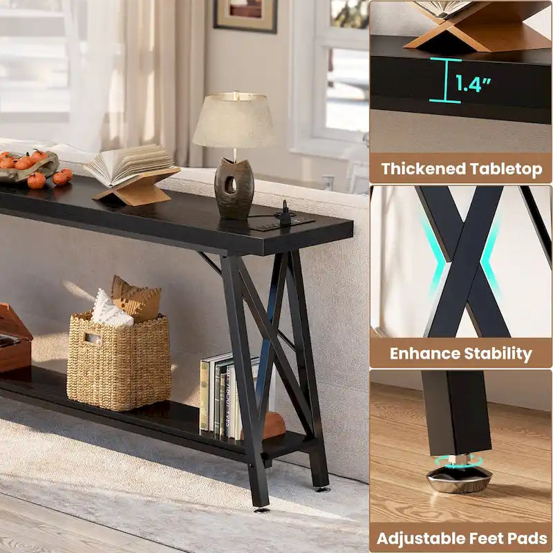 70.9 Extra Long Console Table Sofa Table with Charging Station and Storage Shelf,Industrial Hallway Entry Table