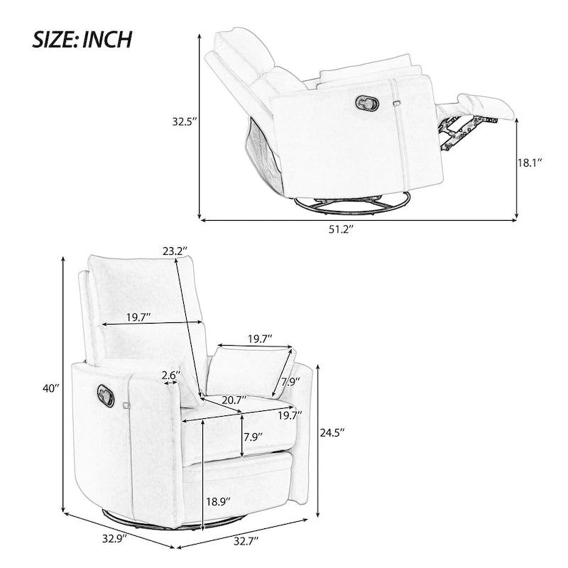 Beige Upholstered Swivel Rocker Recliner with Manual Recline, 360 Swivel, and Two Removable Cushions