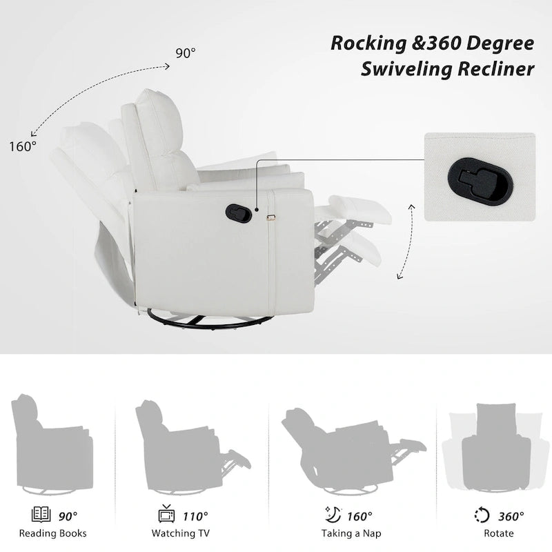 Beige Upholstered Swivel Rocker Recliner with Manual Recline, 360 Swivel, and Two Removable Cushions