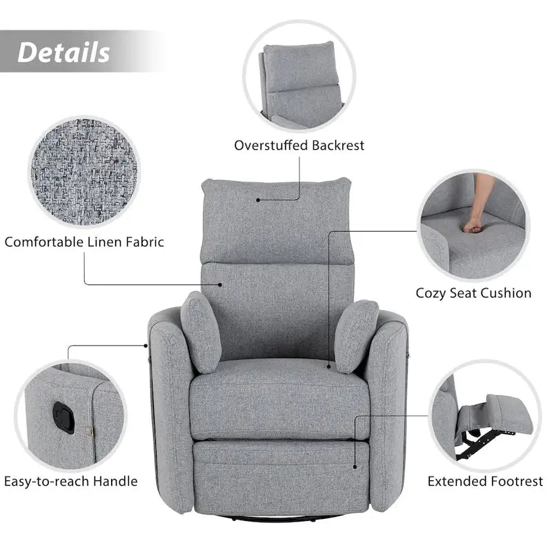 Beige Upholstered Swivel Rocker Recliner with Manual Recline, 360 Swivel, and Two Removable Cushions