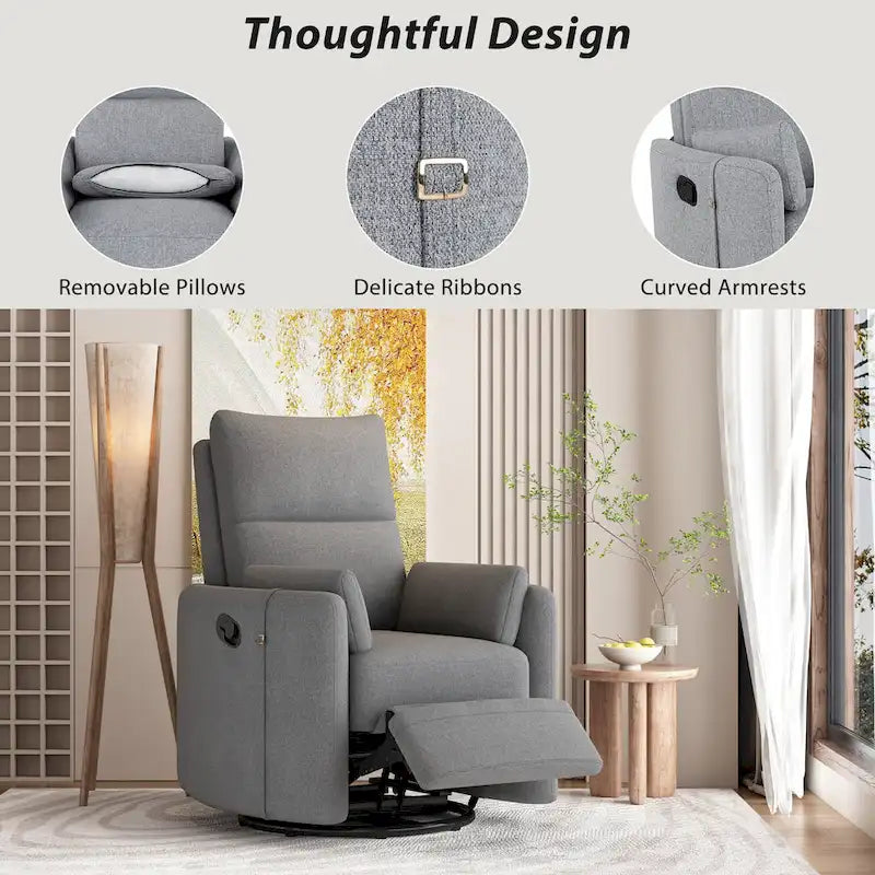 Beige Upholstered Swivel Rocker Recliner with Manual Recline, 360 Swivel, and Two Removable Cushions