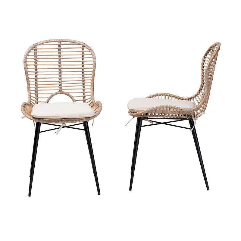 Modern Bohemian Rattan and Metal 2-Piece Dining Chair Set