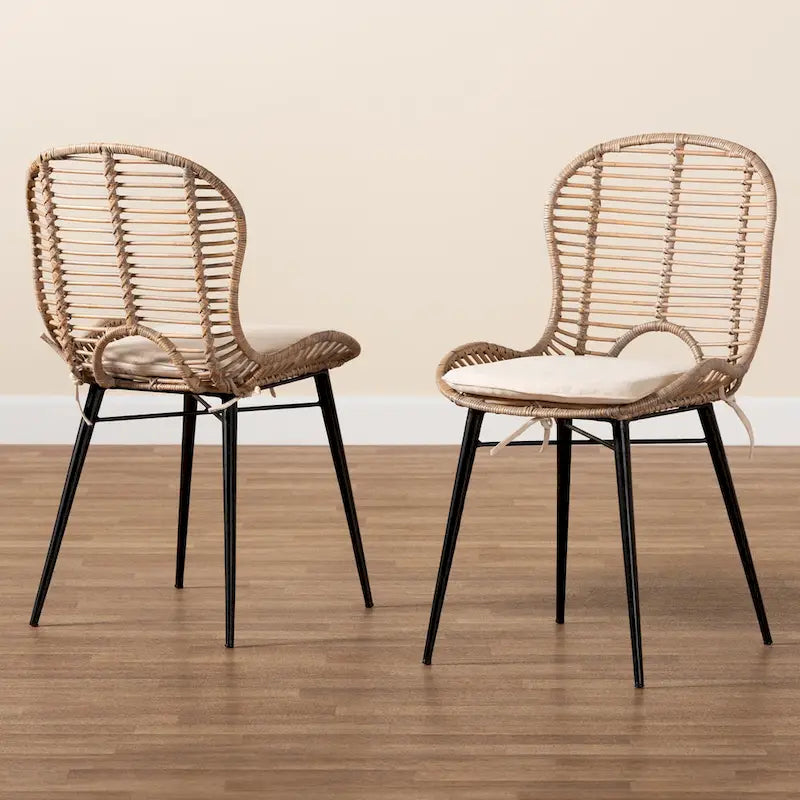 Modern Bohemian Rattan and Metal 2-Piece Dining Chair Set