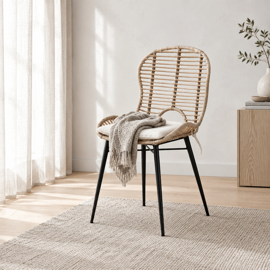 Modern Bohemian Rattan and Metal 2-Piece Dining Chair Set