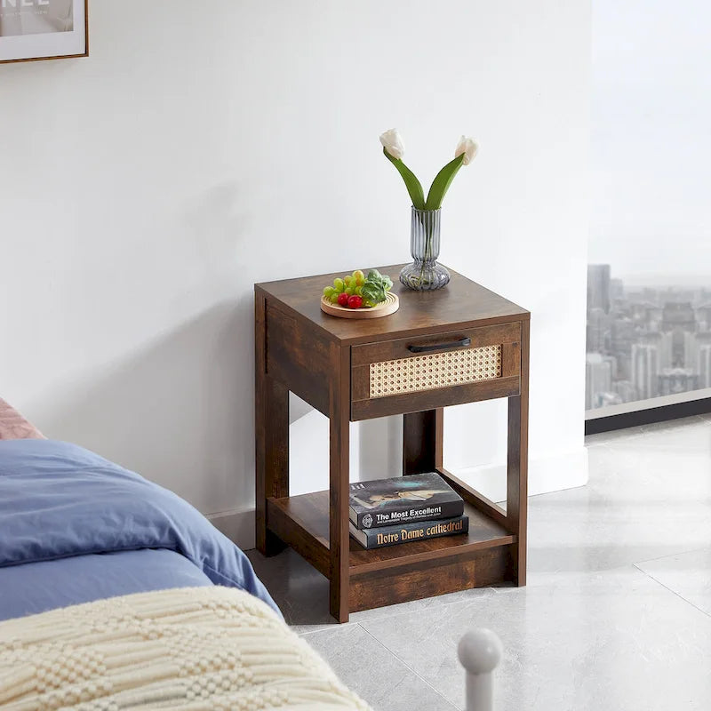 15.75 Rattan End table with drawer, Modern nightstand, side table for living roon, bedroom,natural