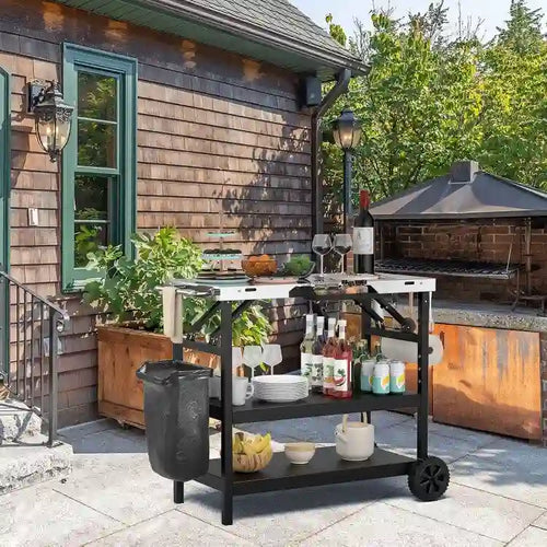 Zusammenklappbarer Outdoor-Wagen mit 3 Ebenen, 2 Rädern und Handyhalterung - Schwarz - 42 x 20.5 x 33 (L x B x H)