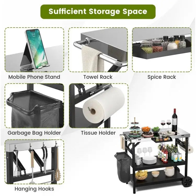 3 Tiers Foldable Outdoor Cart on 2 Wheels with Phone Holder-Black - 42 x 20.5 x 33 (L x W x H)