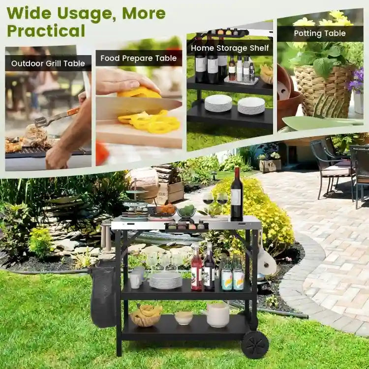 3 Tiers Foldable Outdoor Cart on 2 Wheels with Phone Holder-Black - 42 x 20.5 x 33 (L x W x H)