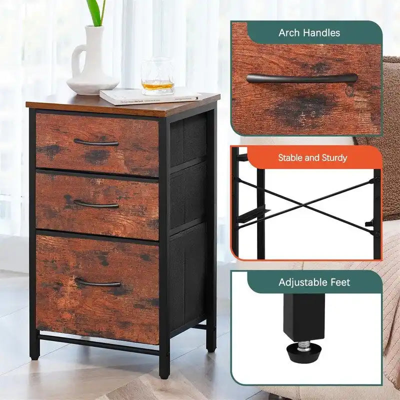 Night Stand Bedside Table with 3 Storage Drawers
