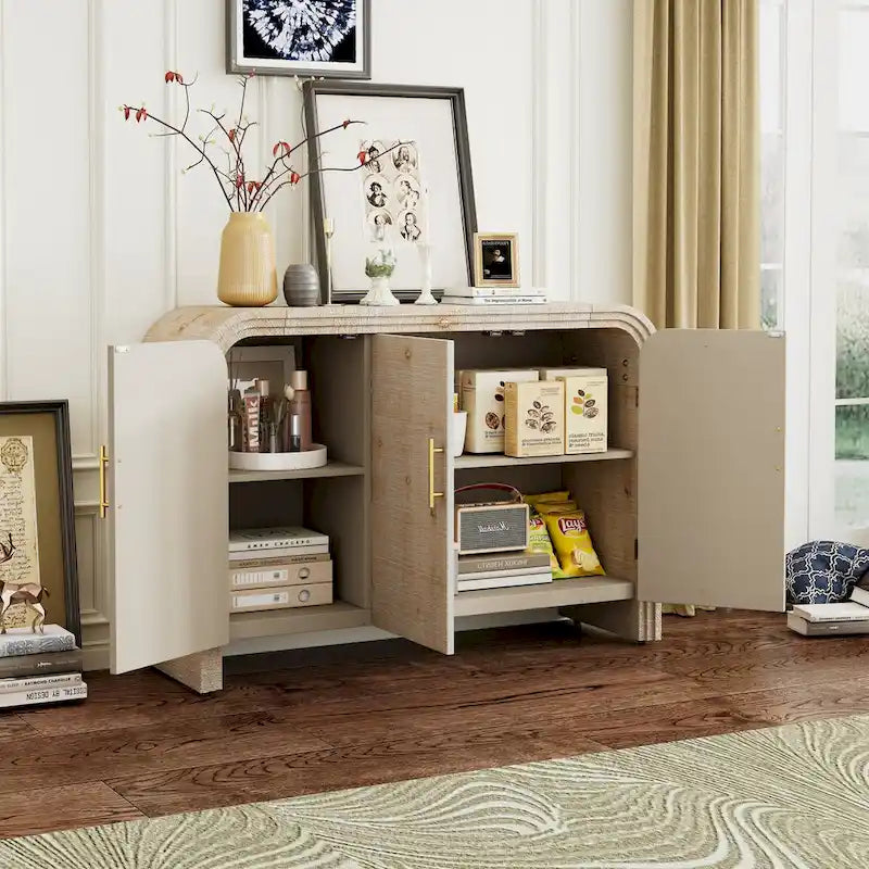 Retro Minimalist Curved Sideboard with Gold Handles - N/A