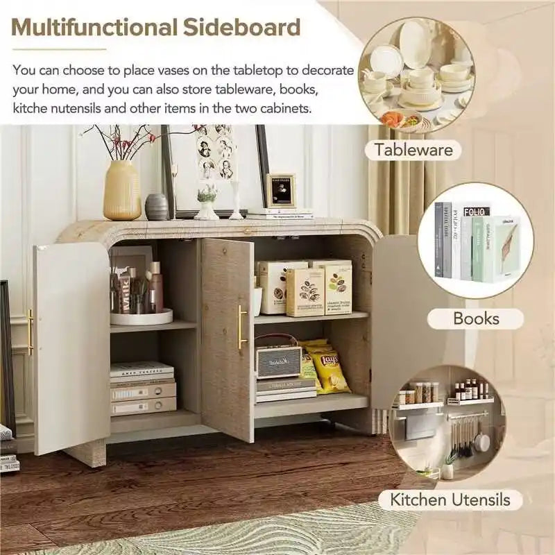 Retro Minimalist Curved Sideboard with Gold Handles - N/A