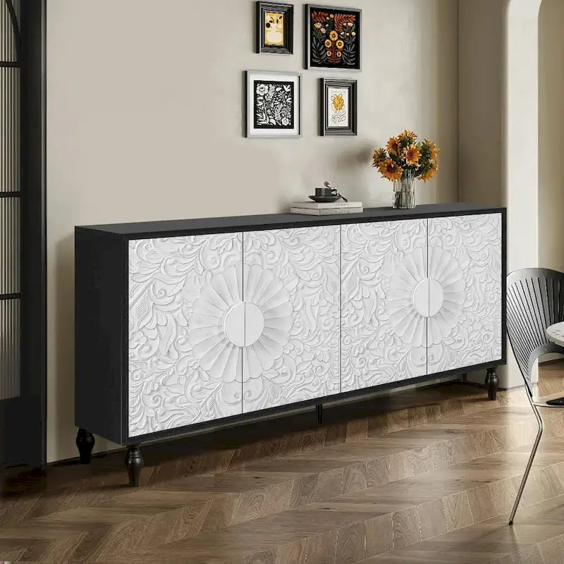 Carved Symmetrical Design Door Sideboard