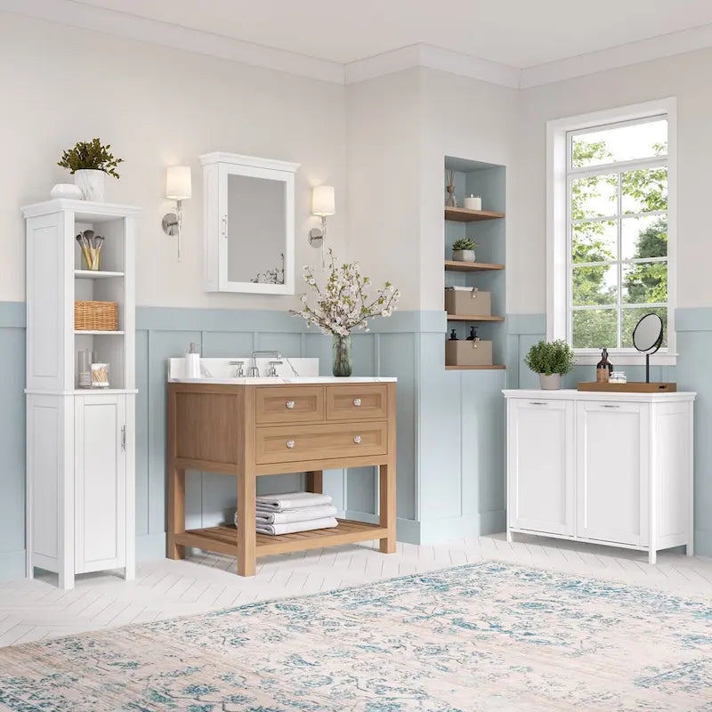 Single Door Tall Bathroom Cabinet Storage Organizer with an Open and Adjustable Shelves - White
