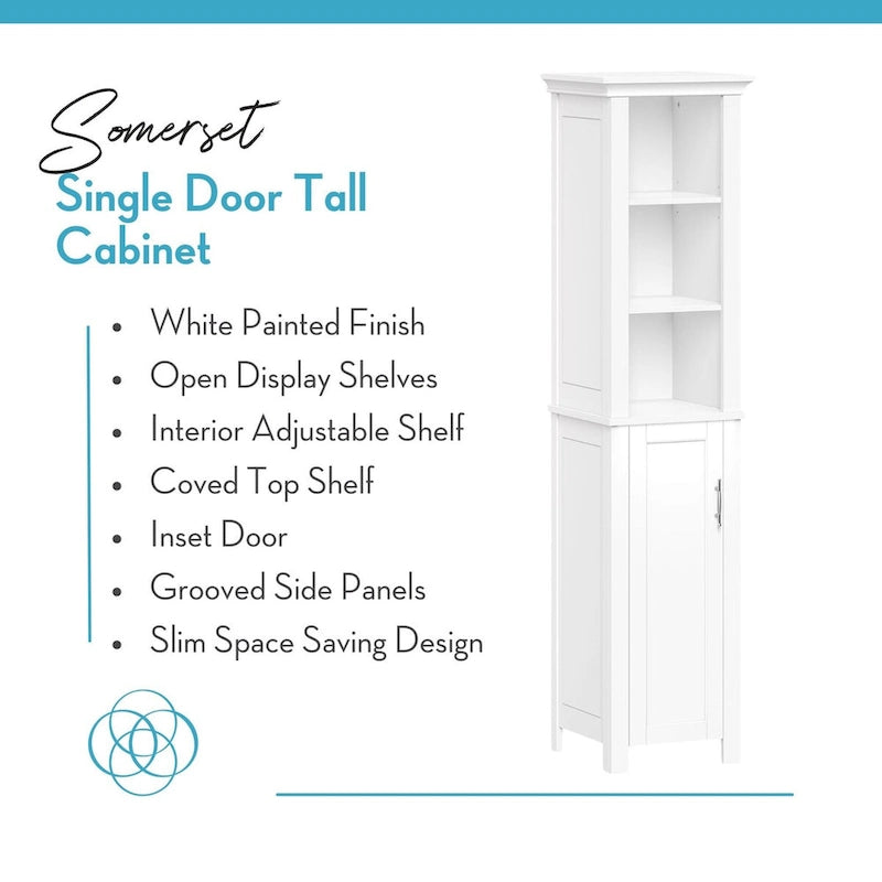 Single Door Tall Bathroom Cabinet Storage Organizer with an Open and Adjustable Shelves - White