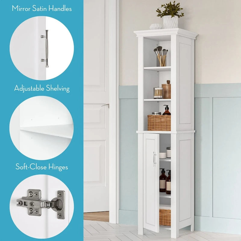 Single Door Tall Bathroom Cabinet Storage Organizer with an Open and Adjustable Shelves - White