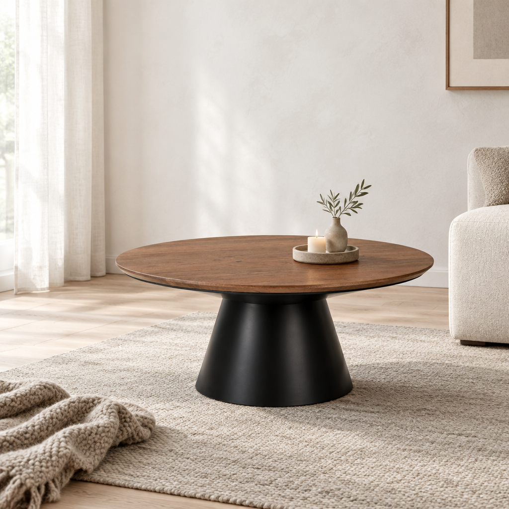 Nordic Style Walnut Coffee Table with Black Pedestal
