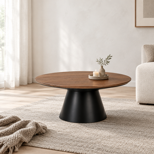Nordic Style Walnut Coffee Table with Black Pedestal
